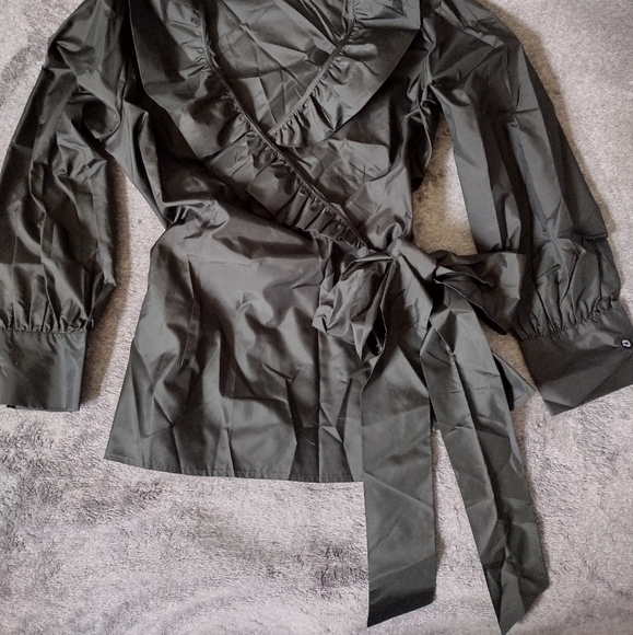 J Peterman Silk Taffeta Ruffles Wrap Blouse Shirt Top Coverup Jacket - Picture 11 of 15